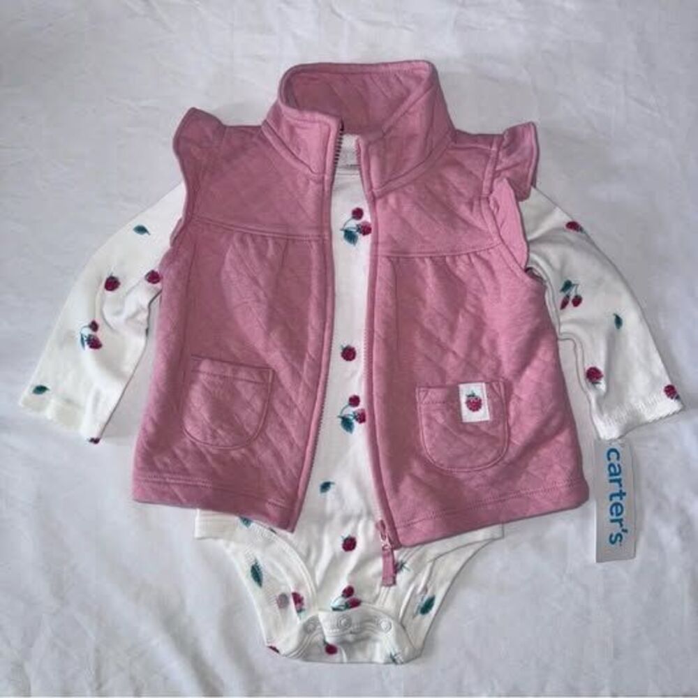Carter's size 6 months Pink Quilted Vest and White Strawberry Print Bodysuit Set